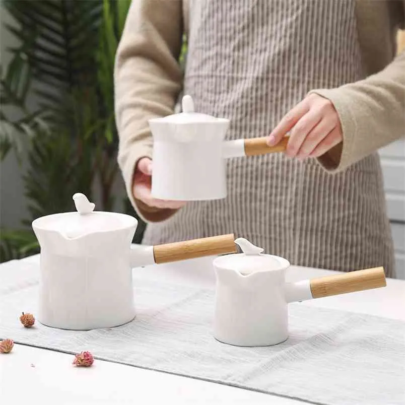 وعاء الشاي الأبيض السيراميك وعاء النمط الياباني و الأواني الخزفية القهوة مع غطاء حليب خشبي 210813