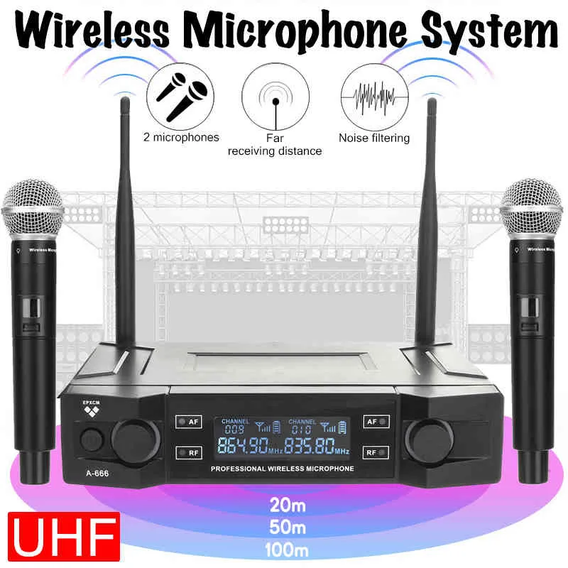 Profissional UHF Wireless System XLR Dual Channel Automático Microfone Microfone Freqüência Ajustável 100M Receba