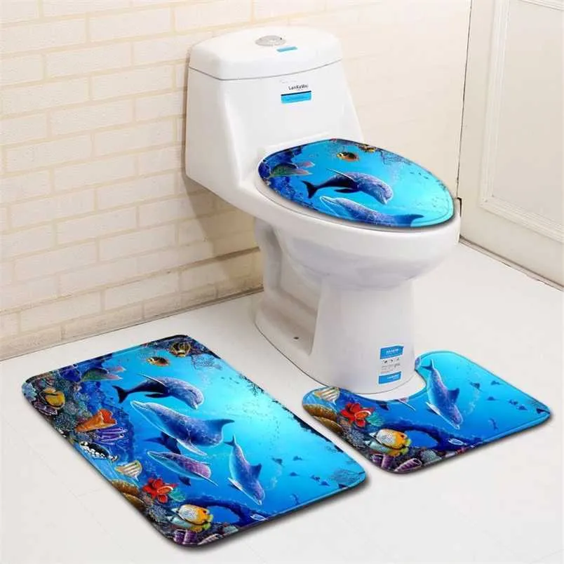 3D Sevimli Yunus Okyanus Tuvalet Üç Parçalı Kat Mat Kapı Mat Halı Banyo Halılar Klozet Kapağı Paspas Banyo Dekor 211130