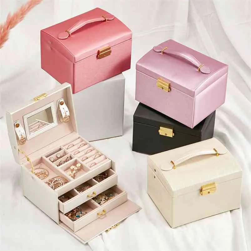 Jewelry Box Drawer Storage Portable Dresser Makeup Earrings Necklace Mirror Watch 210423