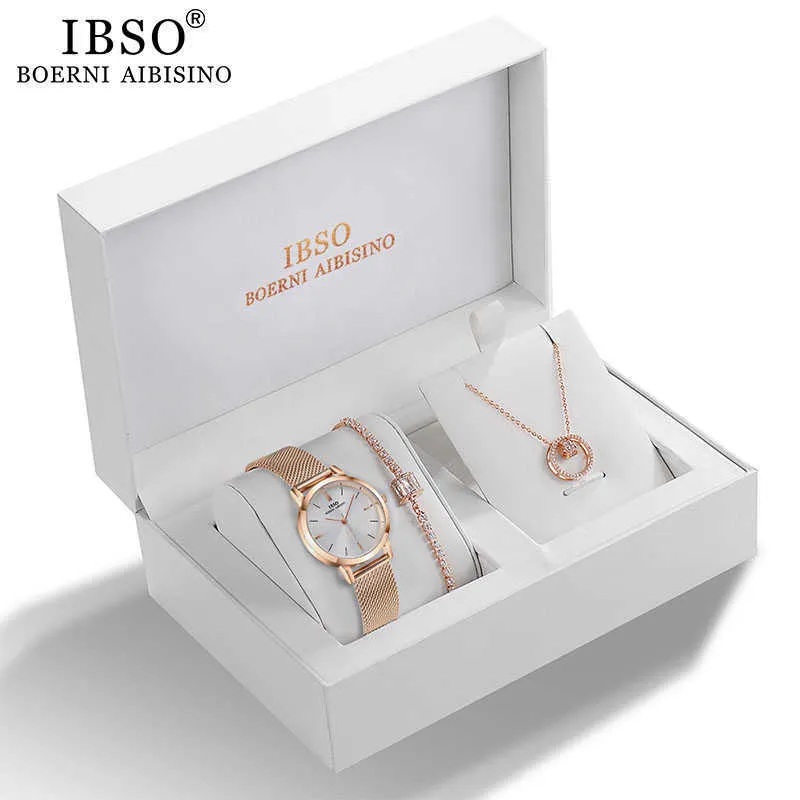 IBSO Women Quartz Watch Set Rose Gold Crystal Design Armband Halsband S Kvinna Smycken Lady's Wife Mom Gift 210616