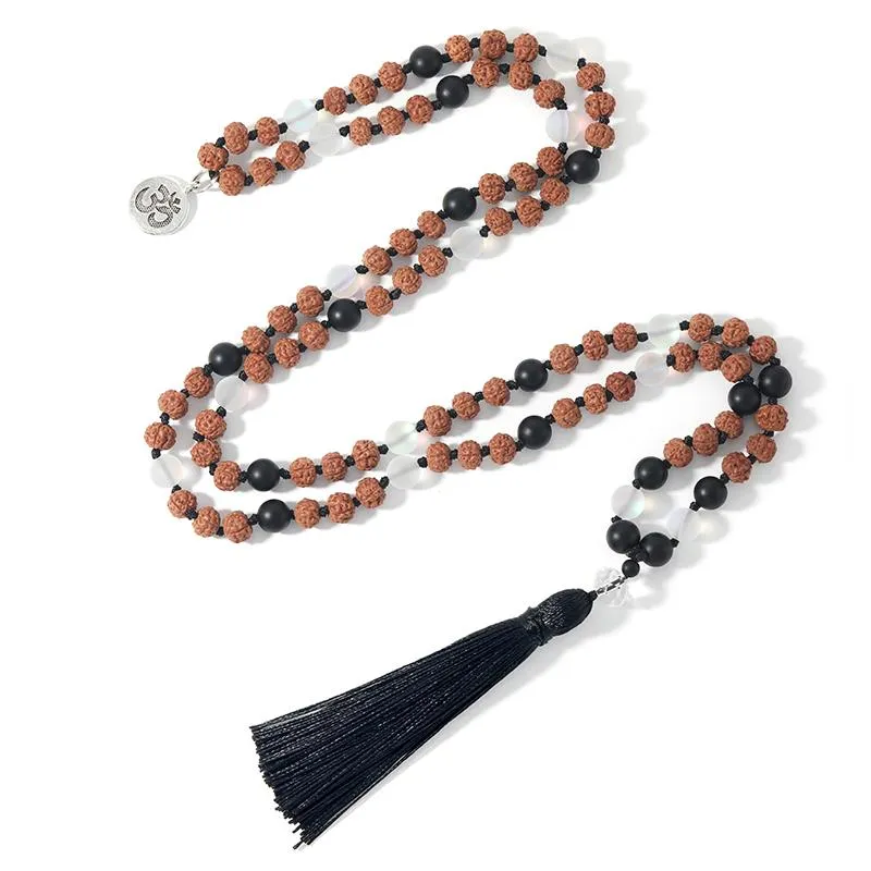 Naszyjniki wisiorek shinus boho 108 Mala Beads Bodhi Moonstone Crystal czarny czarny naszyjnik z frędzl