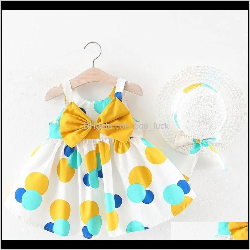 2020 Summer Baby Girls Dresses Newborn Kids Girls Sleeveless Bowknot Dot Tutu Beach Dress Sundress with Hat
