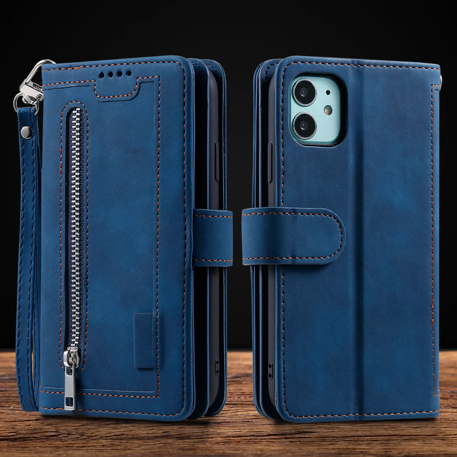 Casos de telefone com carteira de zíper para iPhone 15 14 13 12 11 Pro Max XR XS x 7 8 Plus Multifunction Retro PU Couather Flip Kickstand Case com bolsa de moedas e slots de 9 cartas