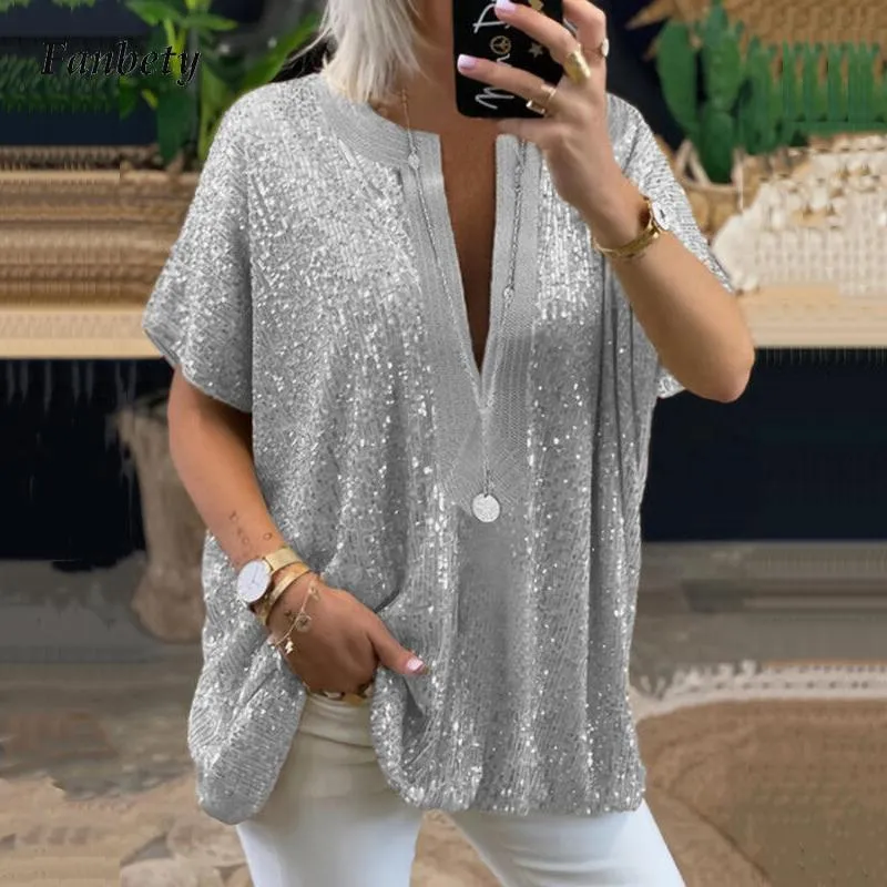 Camicette da donna Camicie Donna Autunno Sexy Scollo a V Camicetta con paillettes Camicia da donna Casual Sciolto Glitter Pullover Top Estate Manica corta Blusa Stre