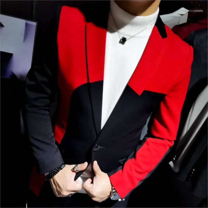 Mode rouge noir Patchwork Blazer hommes automne fête Club Banquet Hombre veste élégant bouton unique1