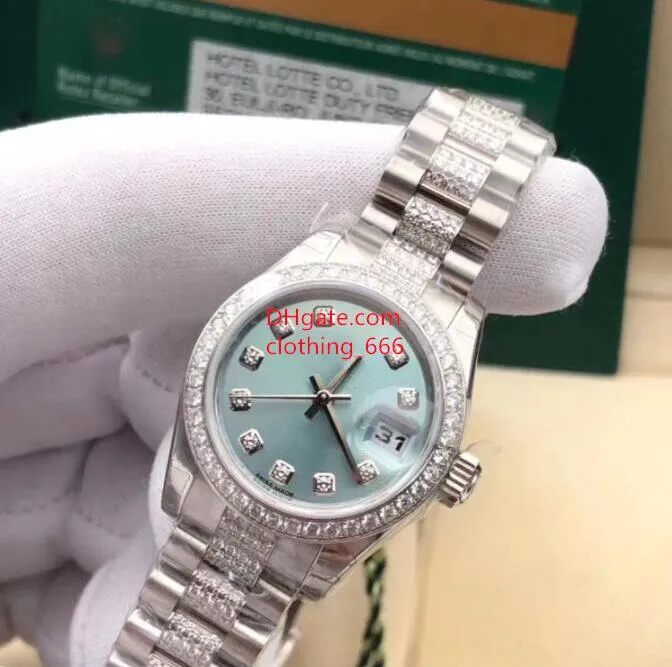 Montre de luxe classique étanche 179136 26 mm calendrier grande loupe cadran bleu glace verre saphir automatique diamant bracelet en acier montre femme