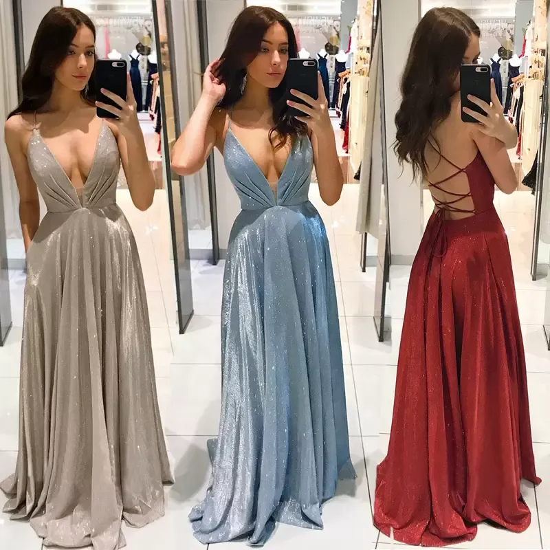 Prom Dresses Sparkly 2022 Sexy Plunging V Neck Spaghetti Straps Sleeveless A Line Criss Cross Floor Length Evening Party Gown Vestido Formal Ocn Wear estido