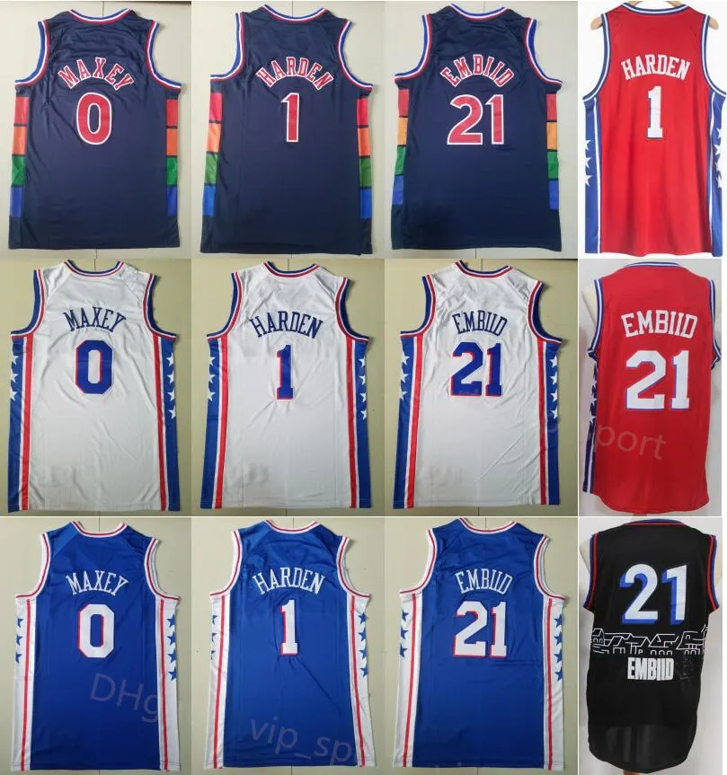 Man Stitched 0 Tyrese Maxey Jerseys 1 James Sermen Joel Embiid 21バスケットボールジャージ75周年記念都市ネイビー赤ホワイトブルースポーツシャツ制服S-XXL良い品質