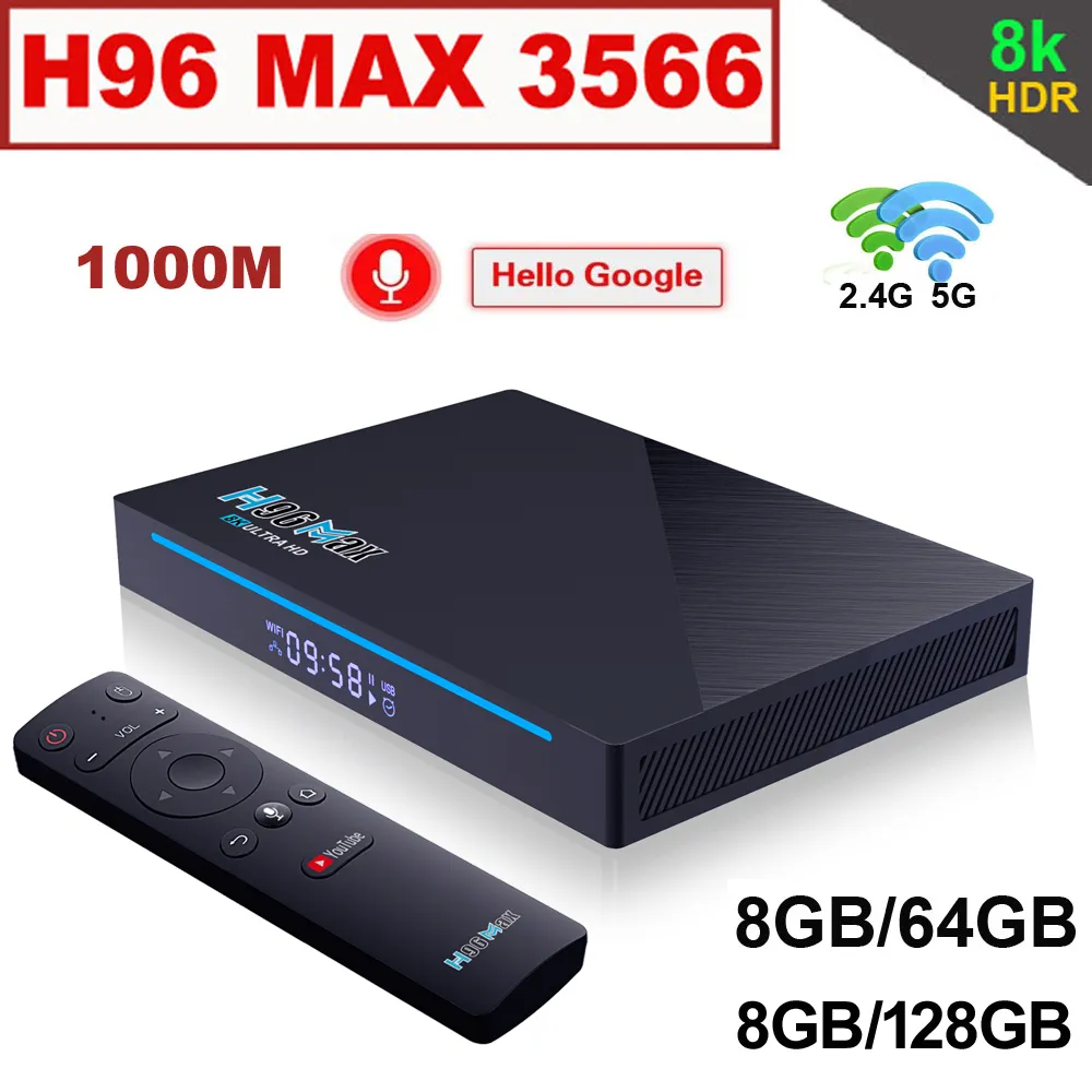 8GB 128GB TV Box Android 11.0 H96 Max RK3566 Smart Media Player STB med BT Google Voice Remote Control 8G 64G 2.4G/5G Dual Wifi 1000M 3D 8K Home Video H96Max TVbox