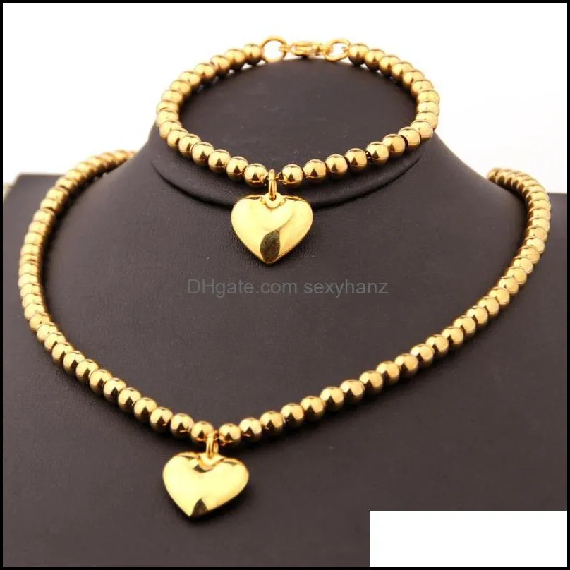 Earrings & Necklace 6mm Golden Stainless Steel Beads Necklaces Bracelets Heart-shaped Accessories Set, Women`s Jewelry