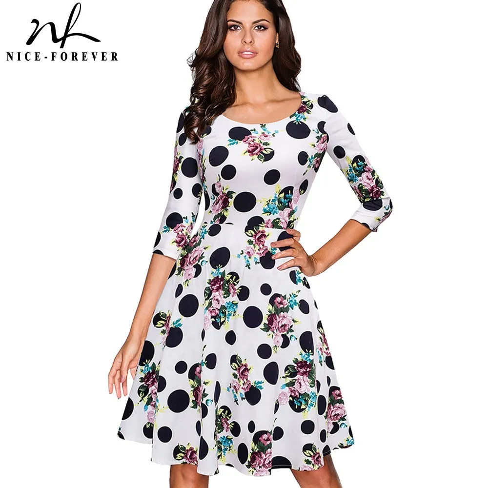 Nice-forever 1950's Retro Floral Polka Printed Dresses Pinup Party Flared Women Dress btyA065 210419