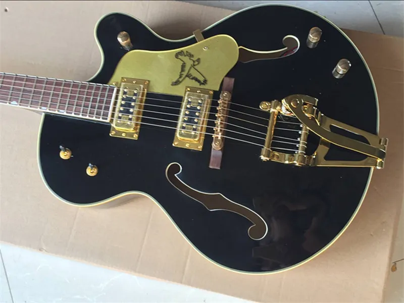 G6120 Black Falcon Jazz Guitar Guitar شبه جوفاء الجسم Rosewood Fingerboard Corean Imperial Tuners Gold Parkle ربط مزدوج F Hole Bigs Tremolo