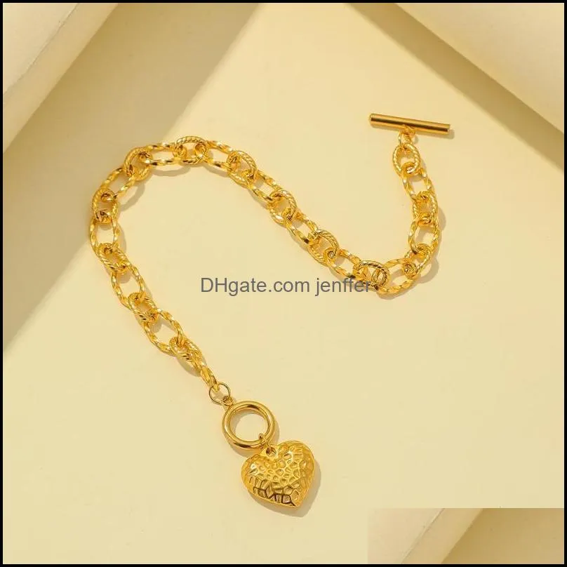 Golden Heart Bracelet Stainless Steel OT Button Up Fashion Link, Chain