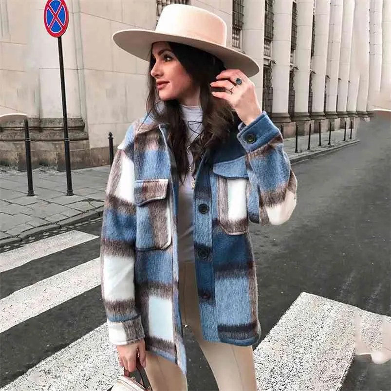 vintage plaid blend coat autumn winter button women ladies blue jacket checkered chic streetwear s 210427