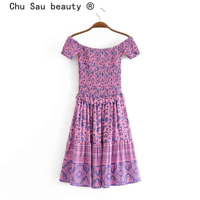 schoonheid mode boho vintage print midi jurk vrouwen vakantie off shouler elastische borst ruches dames dresse 210514