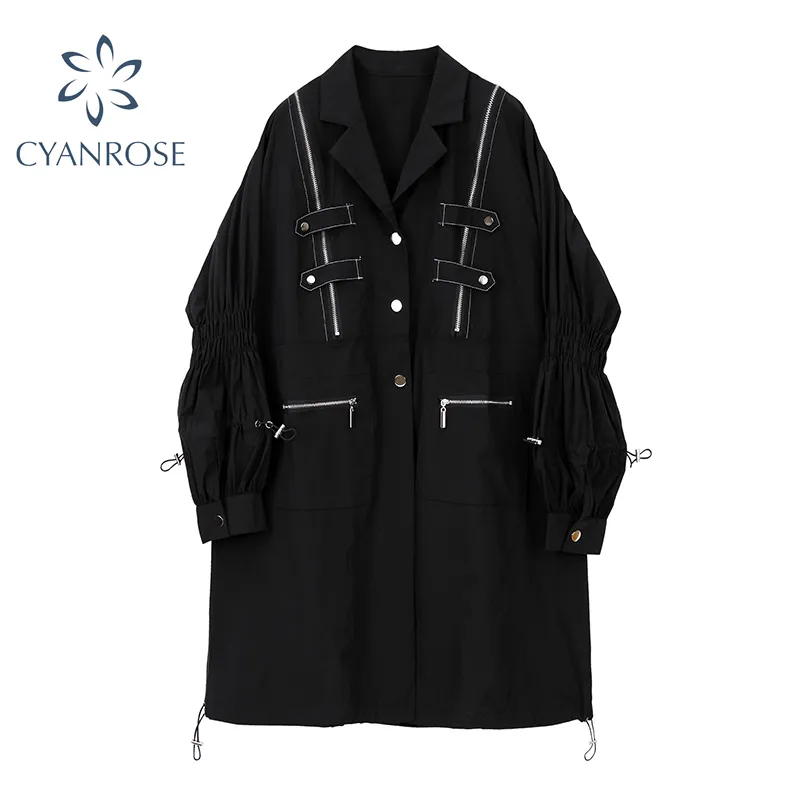 Trench Coat For Women Streetwear Cargo Autumn Winter Casual Loose Pockets Long Sleeve Female Medium Length Windbreaker 210417