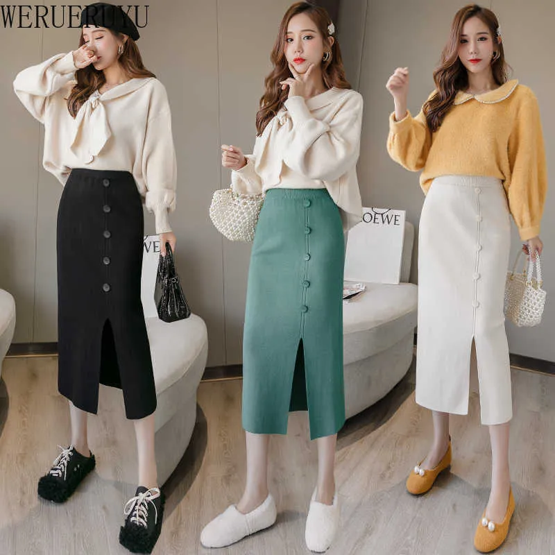 WERUERUYU Spring Autumn Wrap Skirts Single-Breasted High Waist Pencil Midi Skirt Front Split Skirts Womens 210608