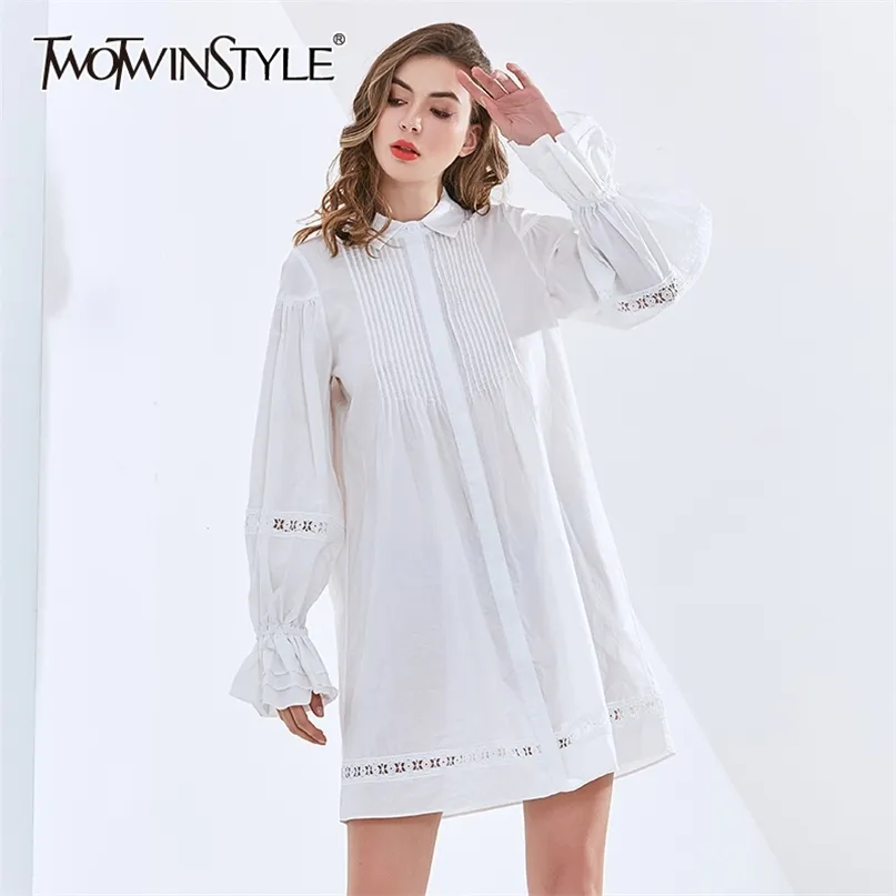 Hollow Out Koronkowa Sukienka Dla Kobiet Lapel Z Długim Rękawem Casual White Spring Dresses Kobiet Moda Odzież 210520