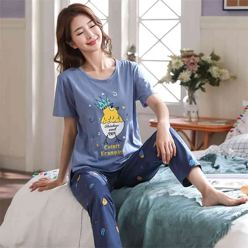 Printemps Femmes Pyjamas À Manches Courtes Pijama Femme Pyjama Ensemble 5XL Pyjamas Coton Pour Vêtements De Nuit Homewear Sleep Lounge 210830