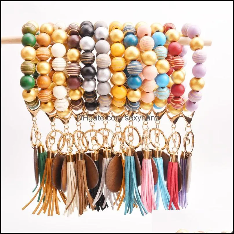 Colorful Wooden Bead Keychain Fashion Personalized Tassel Bracelet Key Ring for Women 17 Colors GWE11312