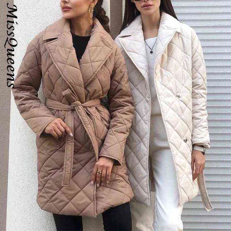 Kvinnor Lång Straight Winter Coats Solid Rhombus Mönster Casual Sashes Parkas Fickor Skräddarsydda Krage Ladies Stilig Ytterkläder 211130