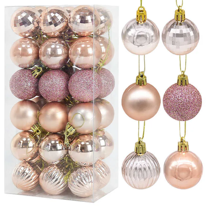 36Pcs Rose Gold Plastic Christmas Balls Ornament 4cm Hang Pendant Ball Indoor New Year Xmas Tree Decor Home Christmas Decoration P0828