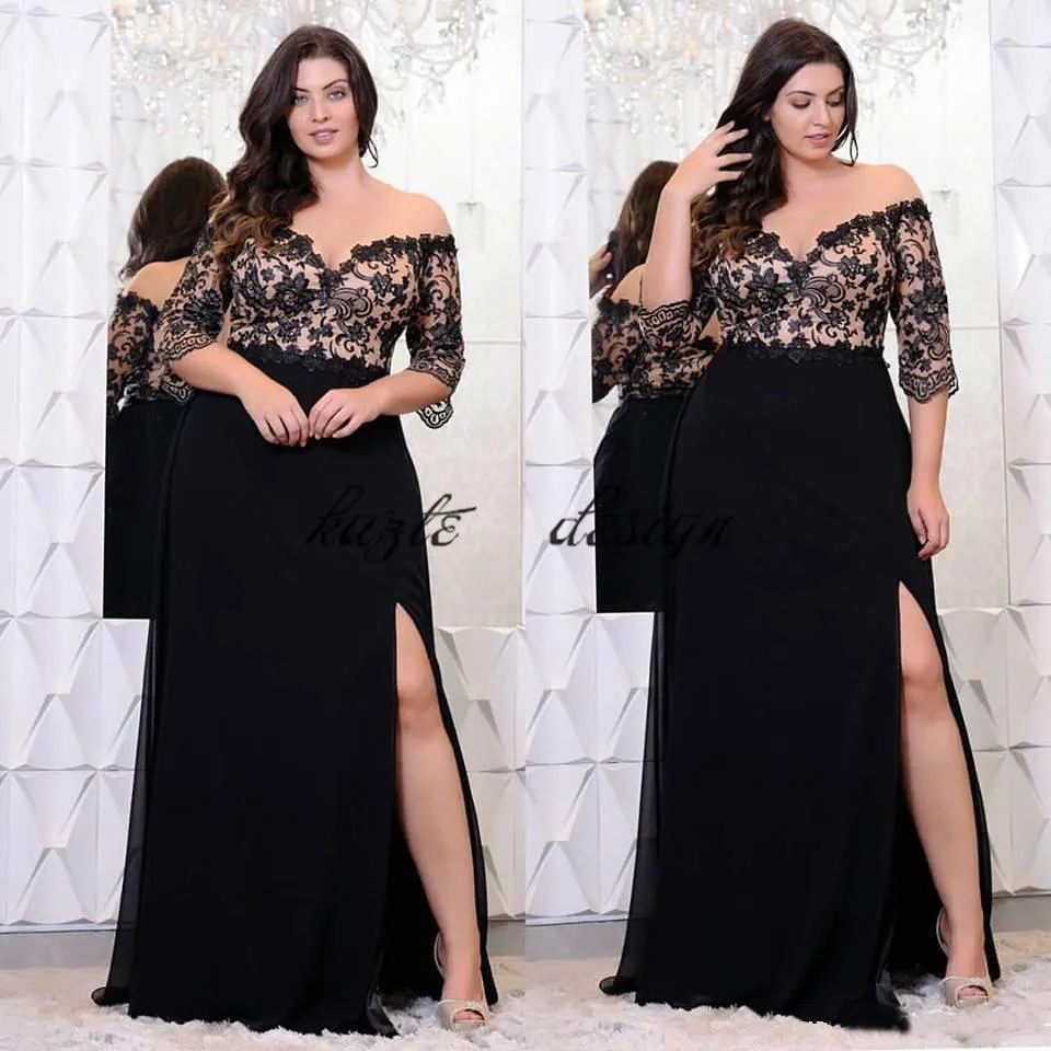 Zwart kant plus size prom jurken met halve mouwen uit de schouder v-hals split side avondjurken A-lijn chiffon formele jurk 2022