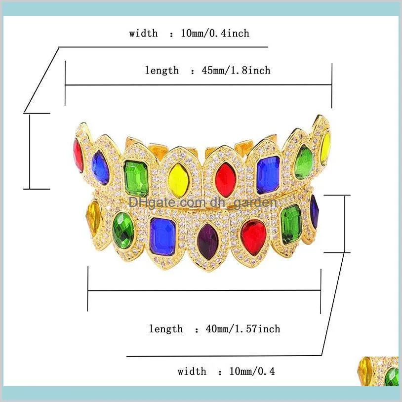 colorful shiny teeth grillz 18k gold plated macro pave cz iced out grillz sets top and bottom hip hop grillzs bling bling style