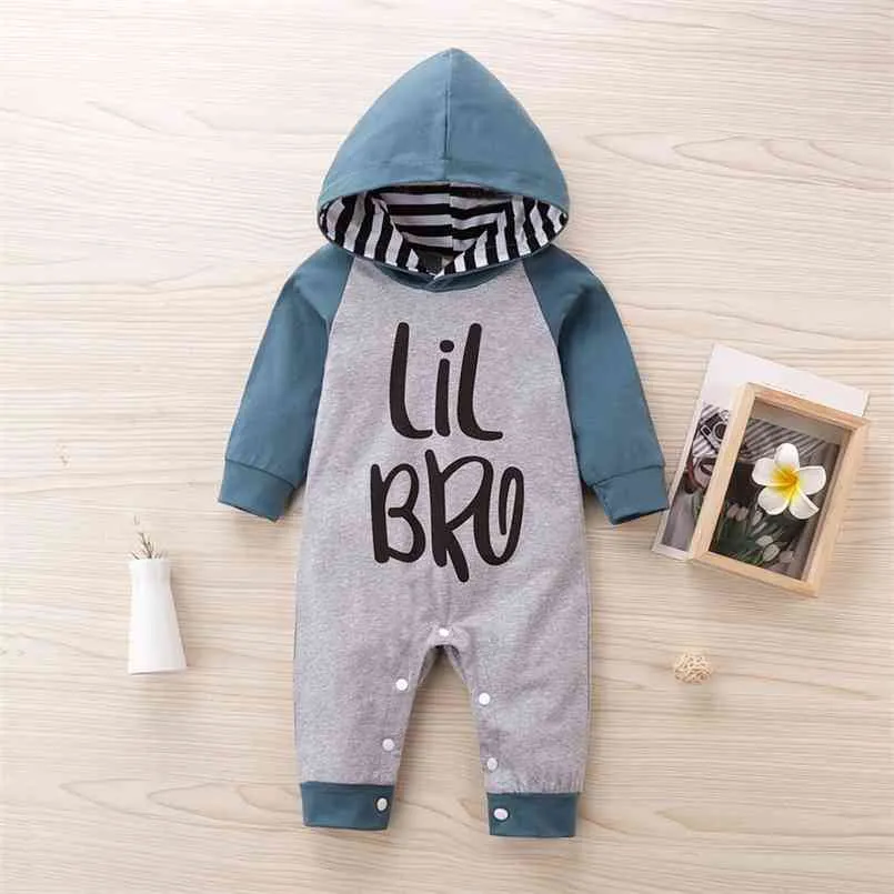 Ankomst Höst och Vinter Baby Lil Bro Brev Striped Hooded Jumpsuit Boy Casual Jumpsuits 210528