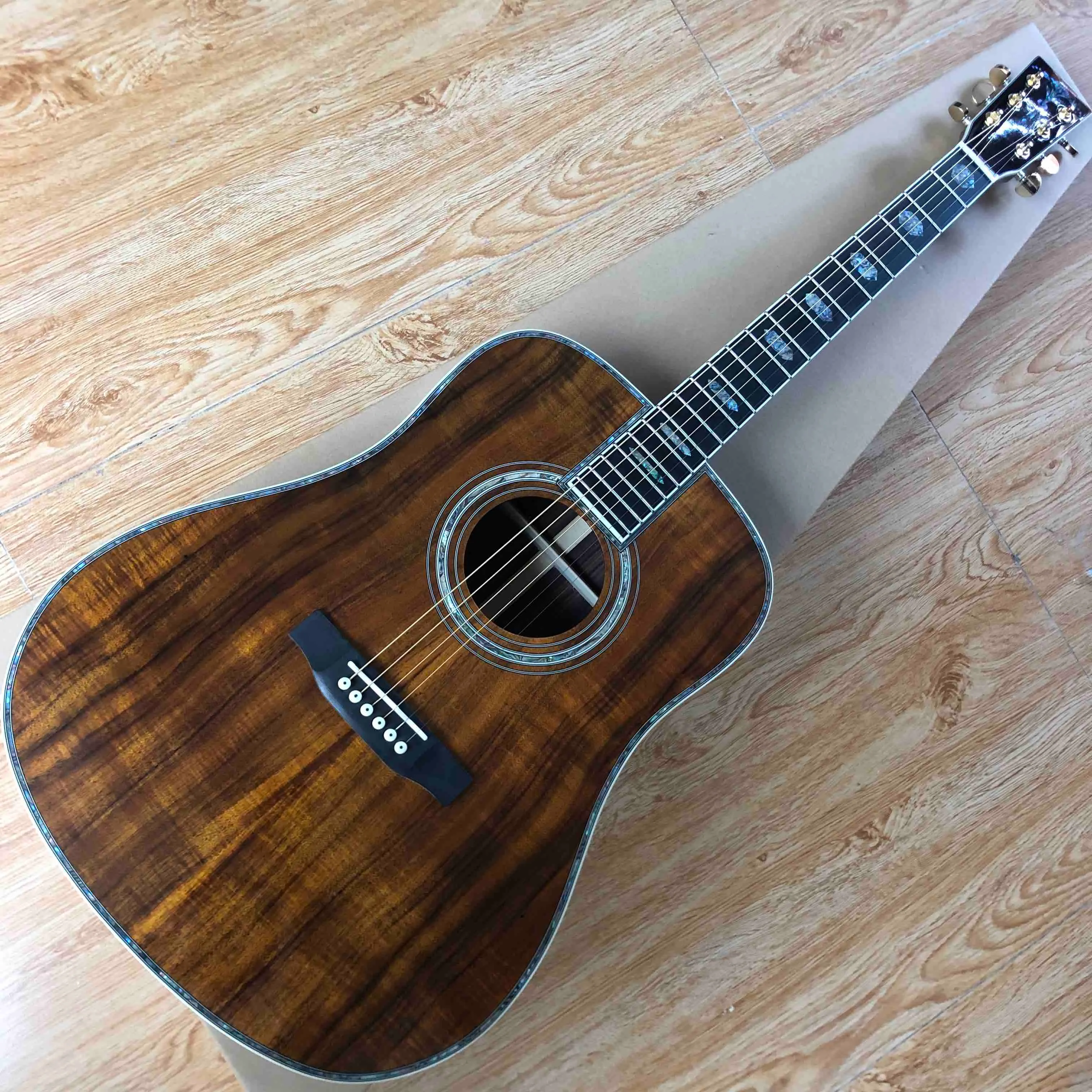 Anpassad 41-tums Koa Trä klassisk Folk Round Body Guitar, Real Abalone Inlay, Rosewood Guard, D-Body Acoustic Guitar