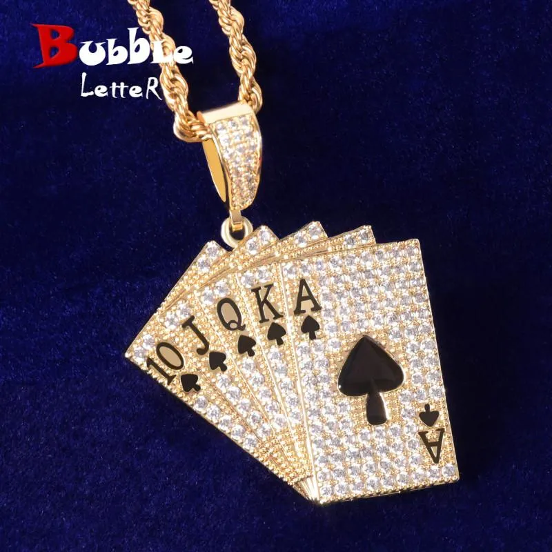 Naszyjnik w kształcie karty do pokera z łańcuchem tenisowym Urok Bling Cubic Cyrkon Męskie łańcuchy biżuterii Hip Hop Rock