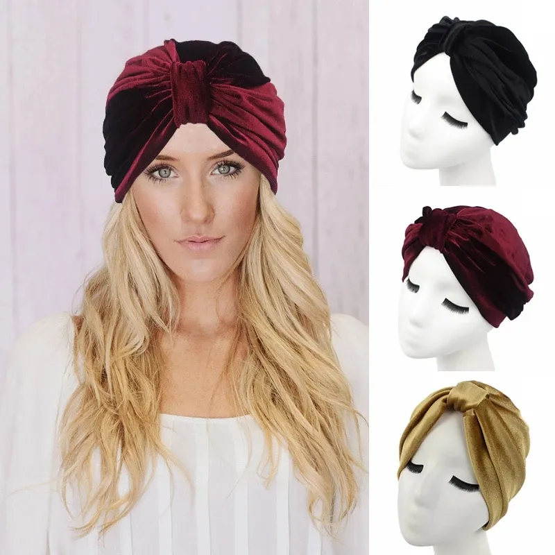 Sıcak Hindistan kadın şapka Kadife Bayanlar Kızlar Beanie Yumuşak Katı Renk Kadın Türban Kadın Bonnet Cap Headwrap