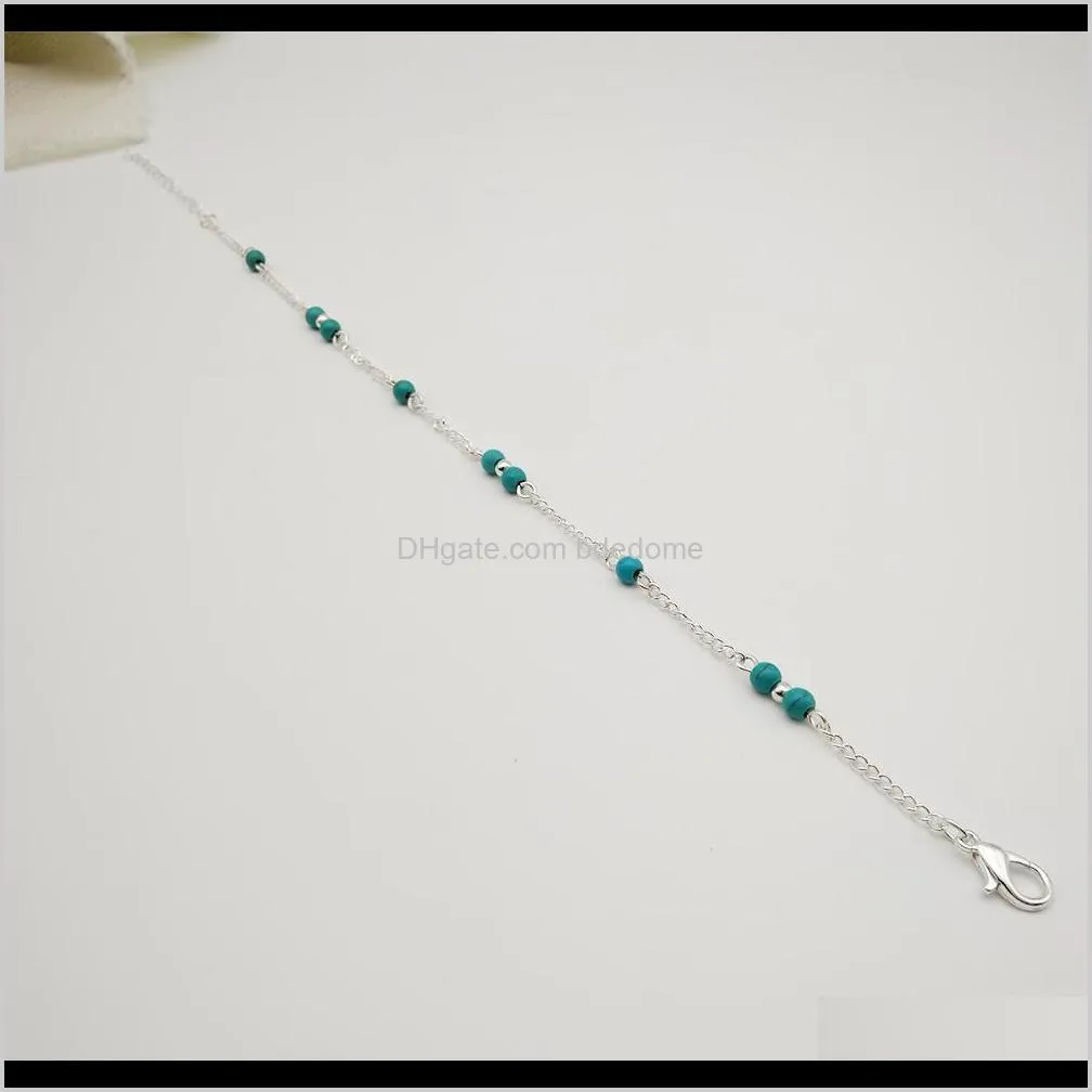 fashion anklet blue turquoise bead simple shape silver and gold color metal plated chain for women foot gift