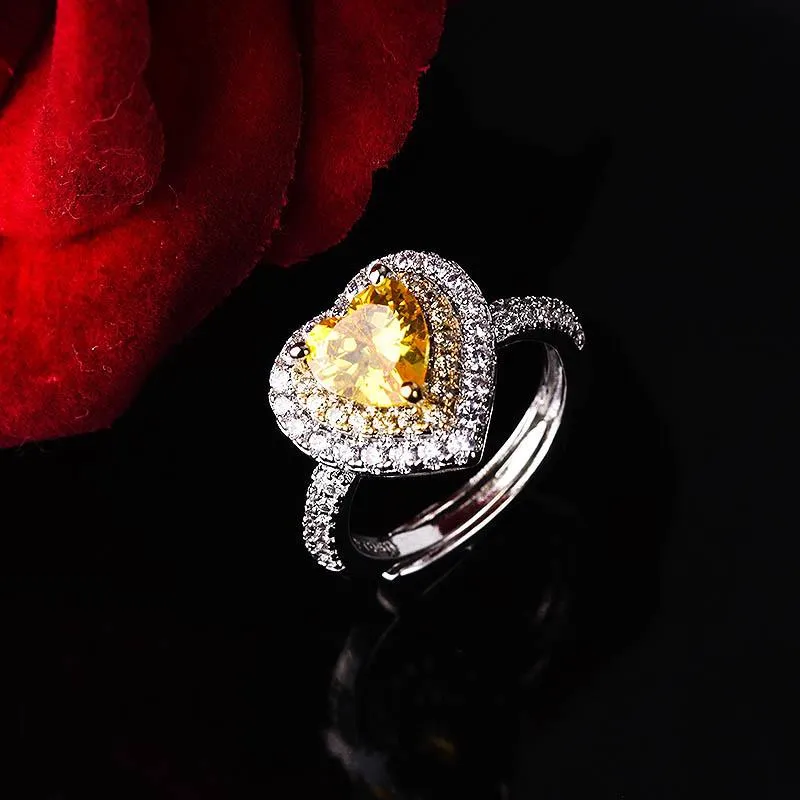 Cluster Rings 2021 Luxury Yellow Color Heart 925 Sterling Silver Engagement Ring For Women Lady Anniversary Gift Jewelry Wholesale R5941