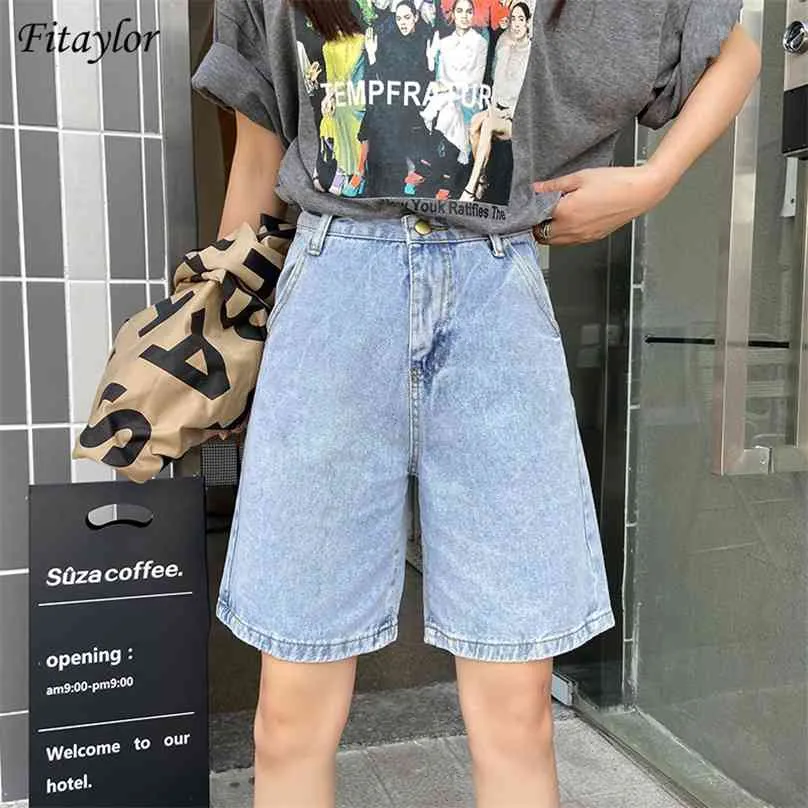 Fitaylor zomer vrouwen hoge taille wijd been zwart denim shorts casual vrouwelijke losse rechte knop jeans bermuda 210719