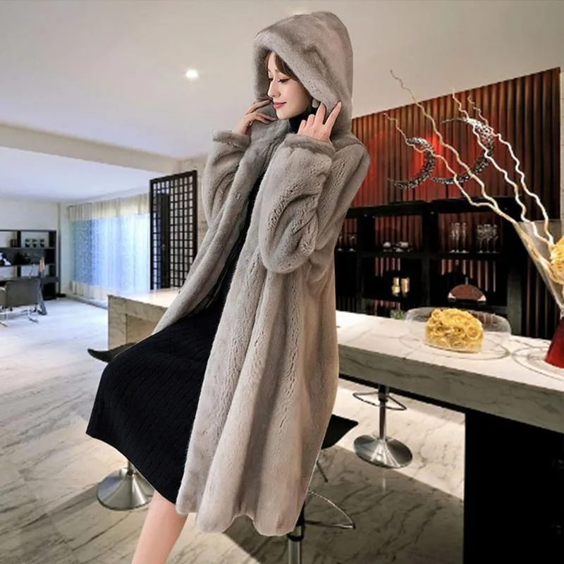 Faux Feminino Hooded Plus Size 2021 Inverno Outerwear Mulheres Sólida Casaco Longo High-End Warm Jacket Moda Casacos Parka Femal