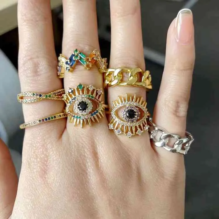 Wholale Gold Plated Iced Out Cubic Zirconia Evil Ey Adjustable Rings For Women Rainbow Colour Rings