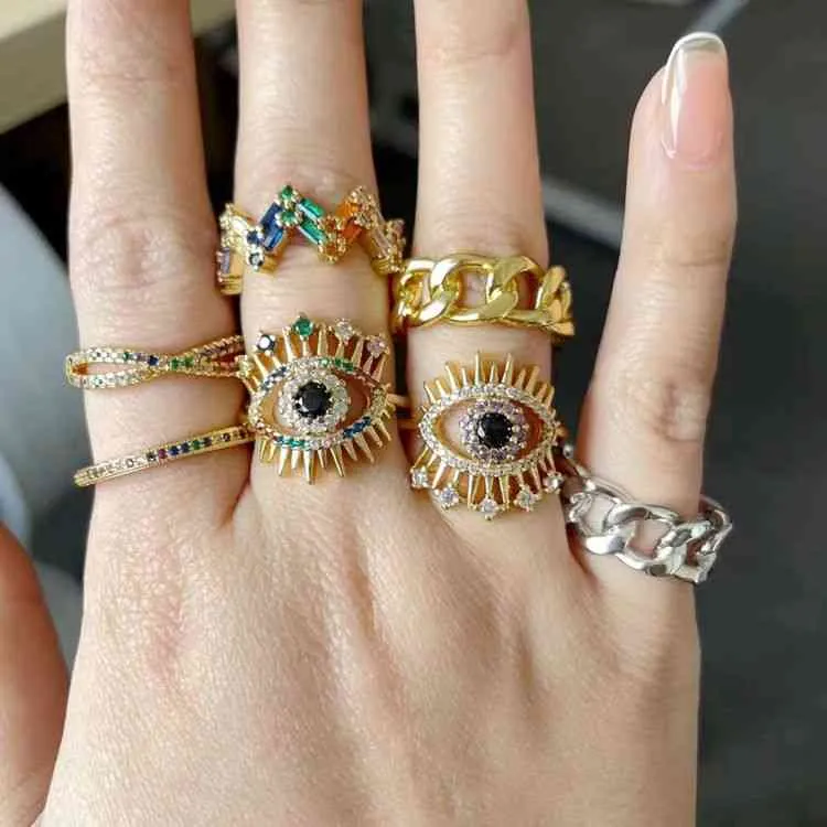 Anillos ajustables de Zirconia cúbica Evil Ey chapados en oro al por mayor para mujer, anillos de Color arcoíris