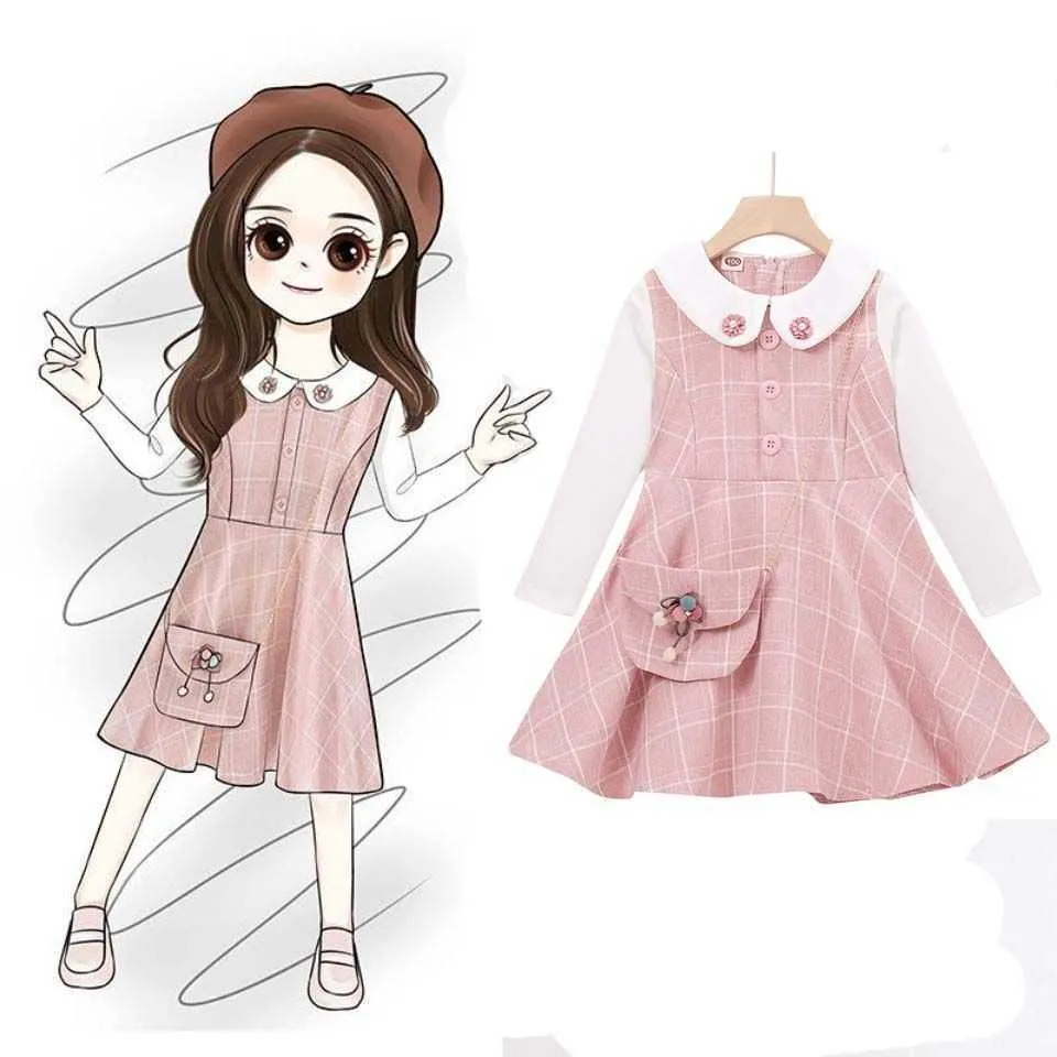Preppy Style Girls Princess Long Sleeve Dresses With Bag Summer Sleeveless Plaid Peter Pan Collar Toddler Girl Fall Clothes Q0716