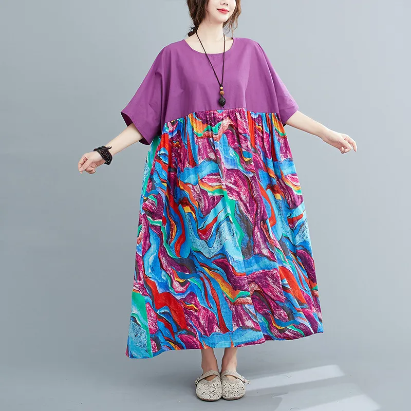 Johnature vintage patchwork kleur jurken voor vrouwen O-hals halve mouw herfst plus size vrouwen kleding paarse jurk 210521