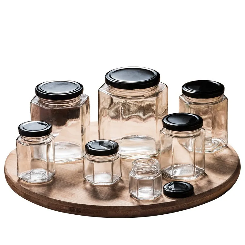 10 Stück Honigglas, quadratisch, sechseckig, transparent, Aufbewahrungsflasche für Nüsse, Zucker, Kanister, Konservenglas, Marmeladenglas