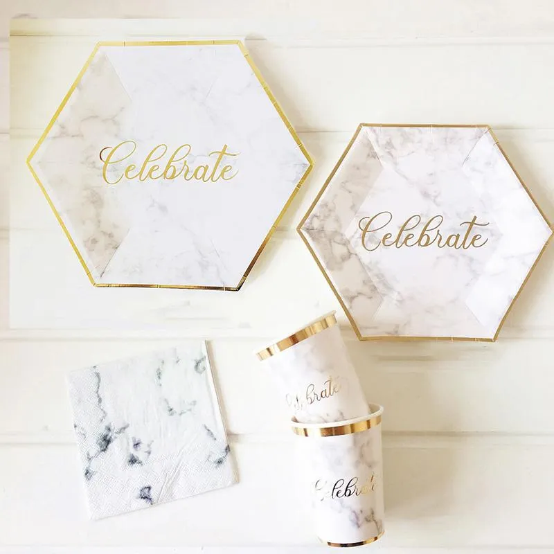 Dininar utensílios de jantar descartáveis ​​Gold Gold Tabelware Conjunto de papel Copo de palha para decoração de aniversário de casamento Os suprimentos