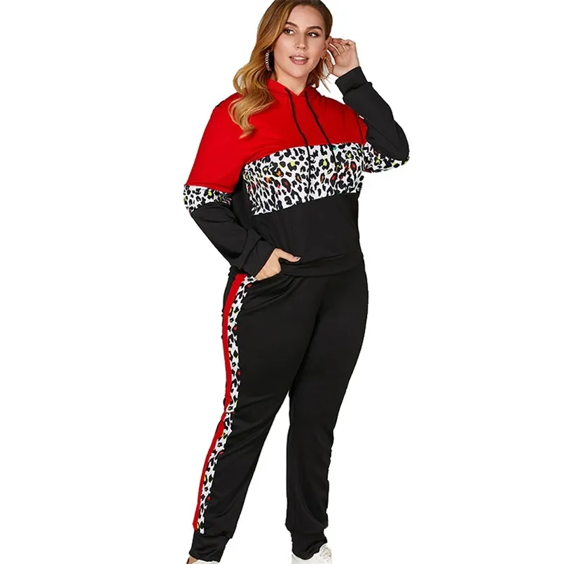 Kvinnor Sport TrackSuit Two Piece Set Leopard Hoodie Långärmad Skörd Top och Sweatpants Outfits Sweatsuit Wholesale Drop 210819