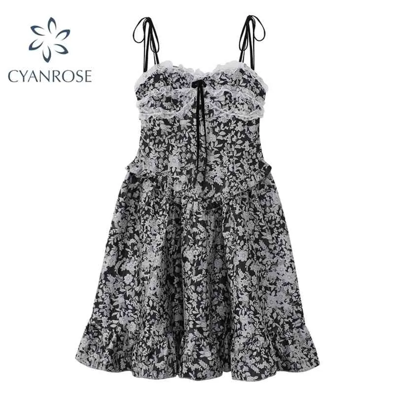 Sommar Kvinnors Lace Print Elegant Klänning Kvinnor Ärmlös Spaghetti Strap Klänningar Koreansk Söt Mori Girl Ins Vestidos 210515