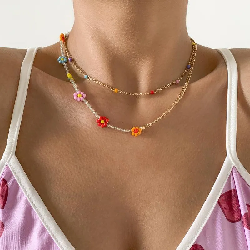 Chokers Böhmen Blume Perlen Choker Halskette für Frauen kurze Weibliche Nackenketten Bead Party Schmuck 2021