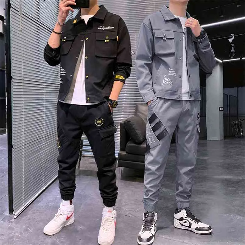 Men Spring Autumn Casual Two Piece Set Jacket and Pants Set Mens Fashion Sweatsuit Korean Style Streetwear Sport Suit 210916