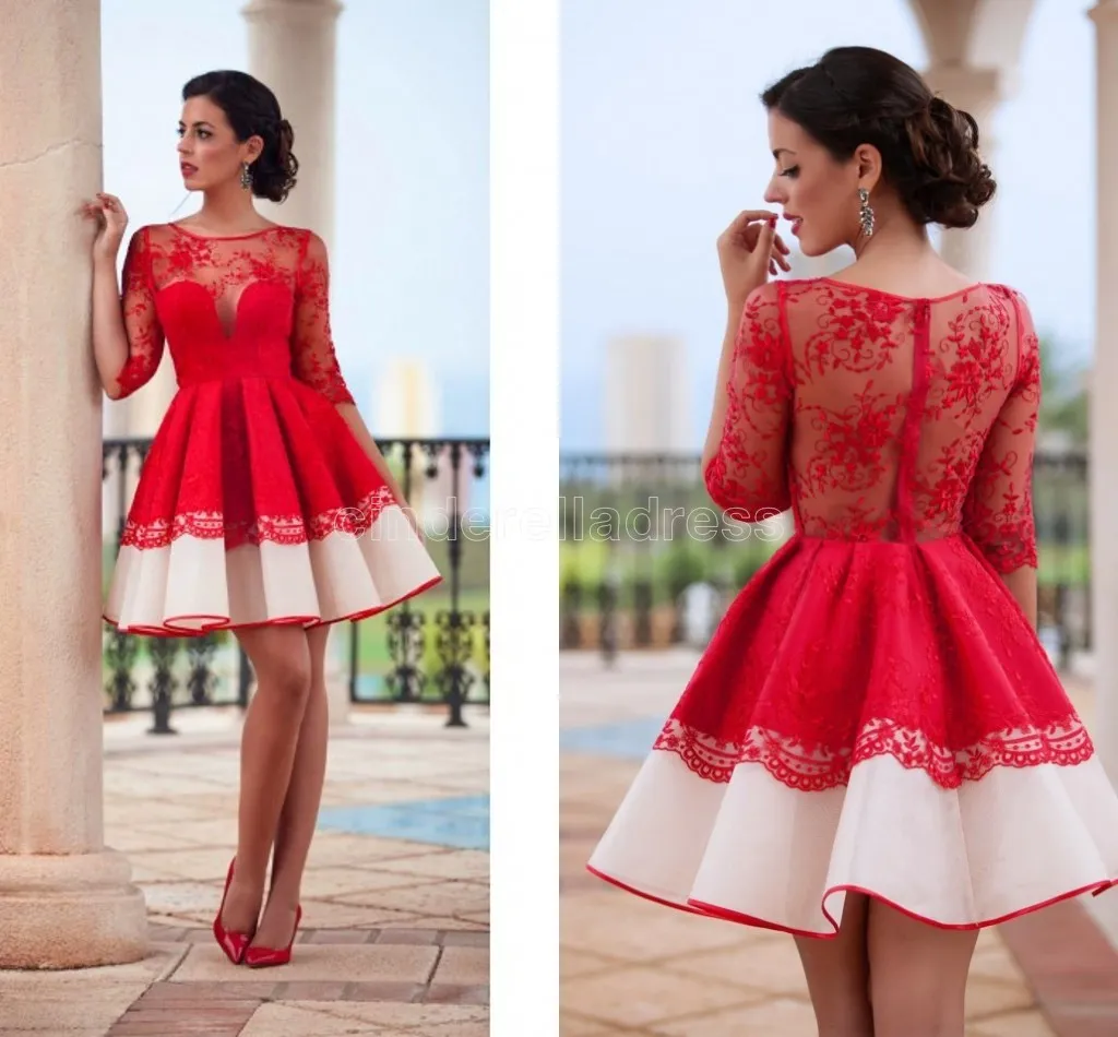 short cocktail dresses red half sleeves homecoming dresses full lace sheer jewel neck evening party dresses see through back BA060295x