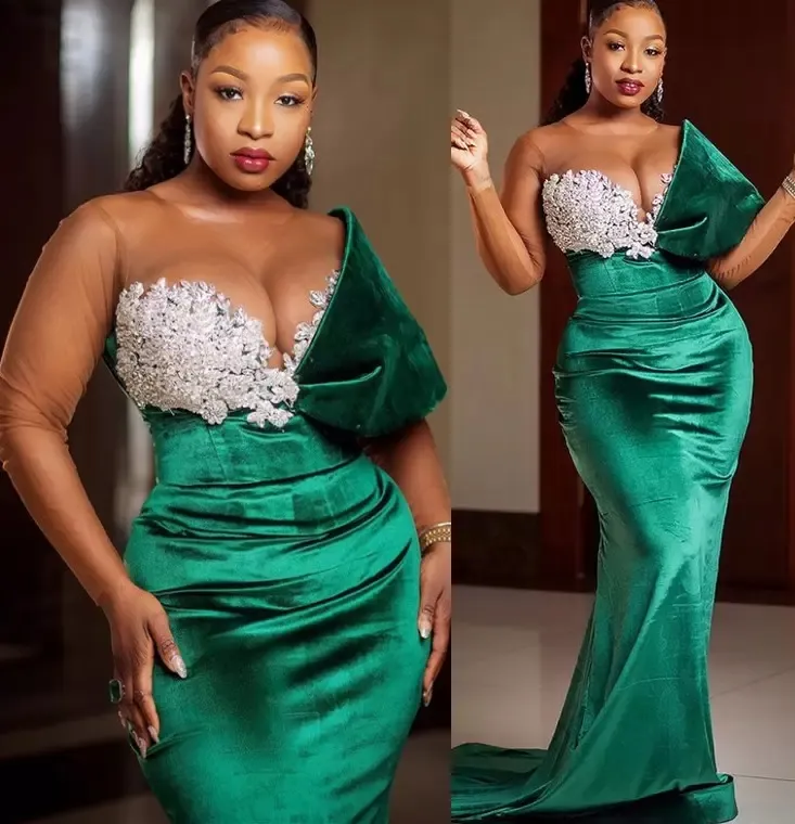 2021 Plus Size Arabo Aso Ebi Verde Sirena Velluto Abiti da ballo Pizzo Perline Sheer Neck Sera Formale Festa Secondo Abiti da ricevimento Abito