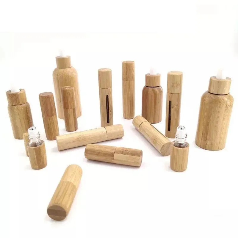 essential oil bottle perfume bottles bamboo case and lid inner droppers galss or roll-on function cap for facial massage 3ml 5ml 10ml